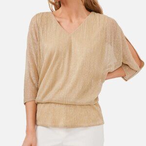 MSK Gold Shimmer 3/4 Split Sleeve V-Neck Top with Rhinestone Shoulder Detail